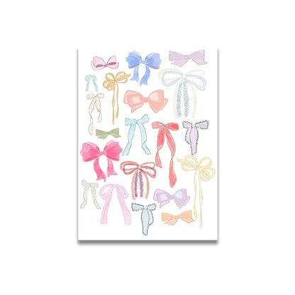 DecorBites™ vintage pink cartoon print wall art canvas featuring delicate pastel bows in pink, blue, and peach hues