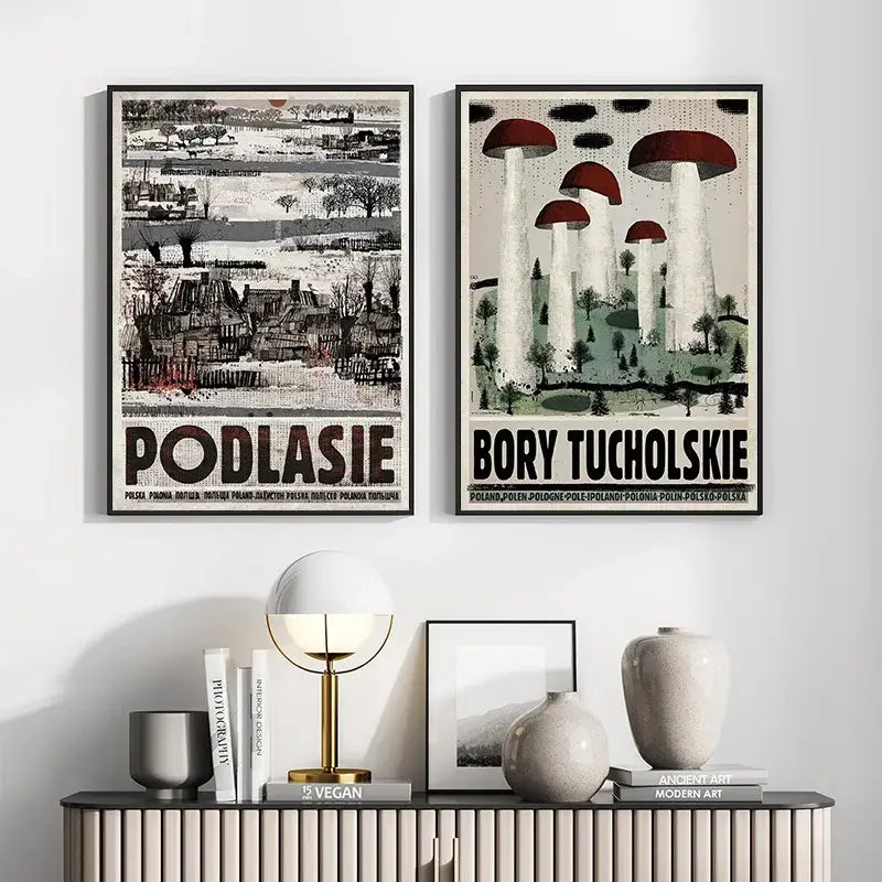 Two framed vintage poland city canvas prints featuring podlasie rural scene and bory tucholskie mushrooms for decor