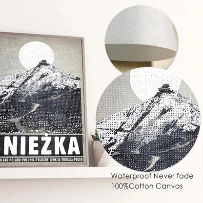 Decorbites™ vintage poland city posters canvas print black and white dotted snowy mountain full moon framed in light gray wood