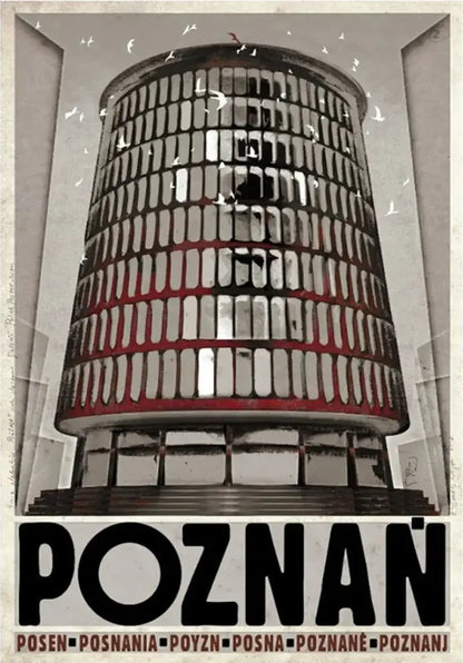 Decorbites™ vintage poland city canvas prints featuring a stylized cylindrical building with red bands for home decor