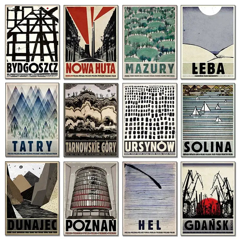 Set of nine vintage-style poland city posters canvas prints with bold typography in black white red blue green and gray tones