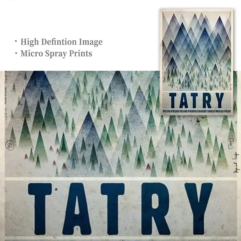 Decorbites™ vintage poland city posters canvas print featuring stylized blue green tatry mountains in bold navy lettering