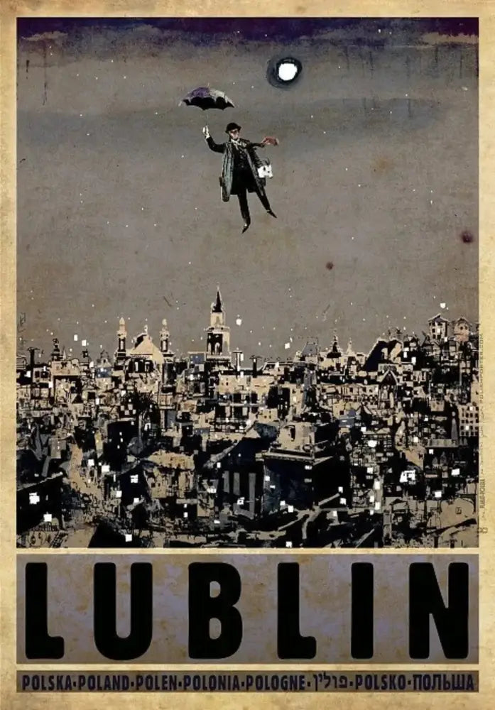 Decorbites™ vintage poland city posters canvas print featuring a man in dark attire floating over lublin cityscape