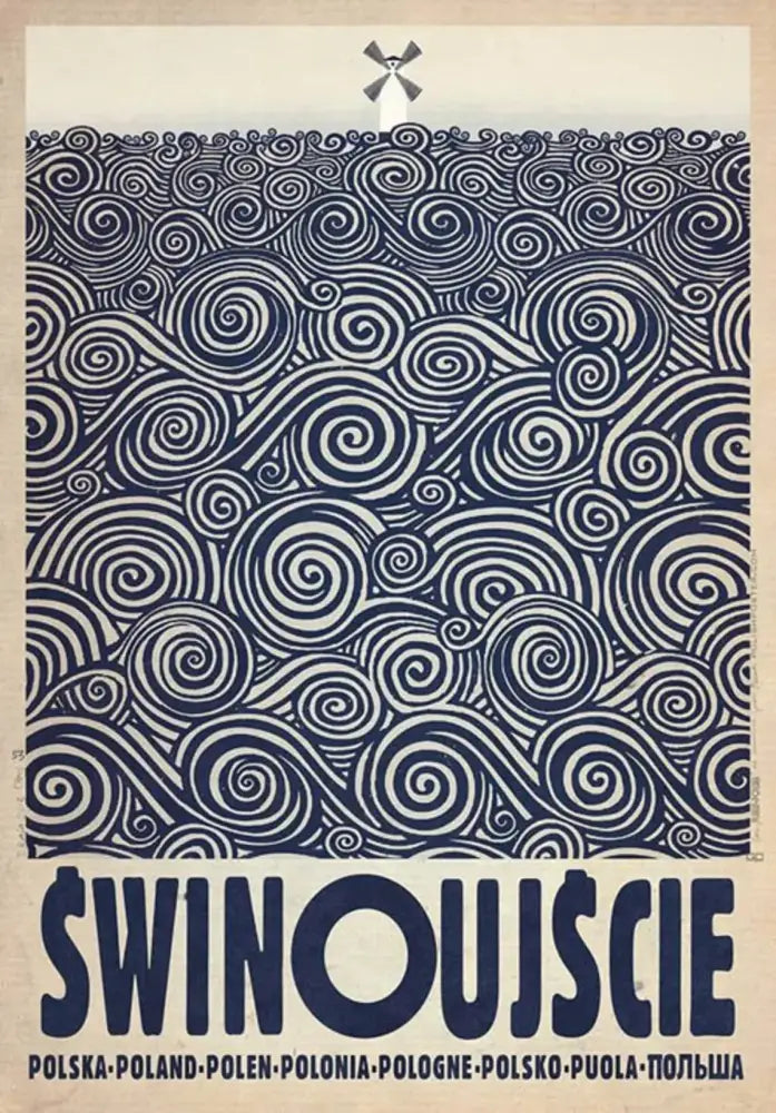 Vintage poland city posters canvas print featuring a stylized windmill and bold navy świnoujście lettering