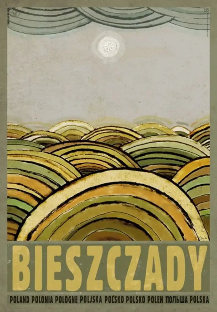 Vintage poland city posters canvas print featuring earthy green and yellow bieszczady hills under pale sky sunburst