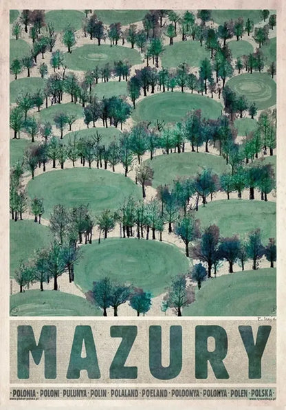 Decorbites™ vintage poland city posters canvas print featuring stylized mazury forest in green and blue tones