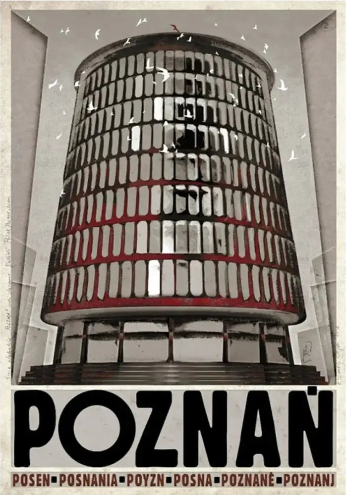 Decorbites™ vintage poland city posters canvas print featuring a stylized cylindrical building with red bands