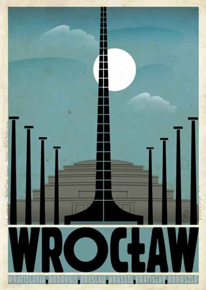 Decorbites™ vintage poland city posters canvas print featuring stylized black and gray wrocław tower design
