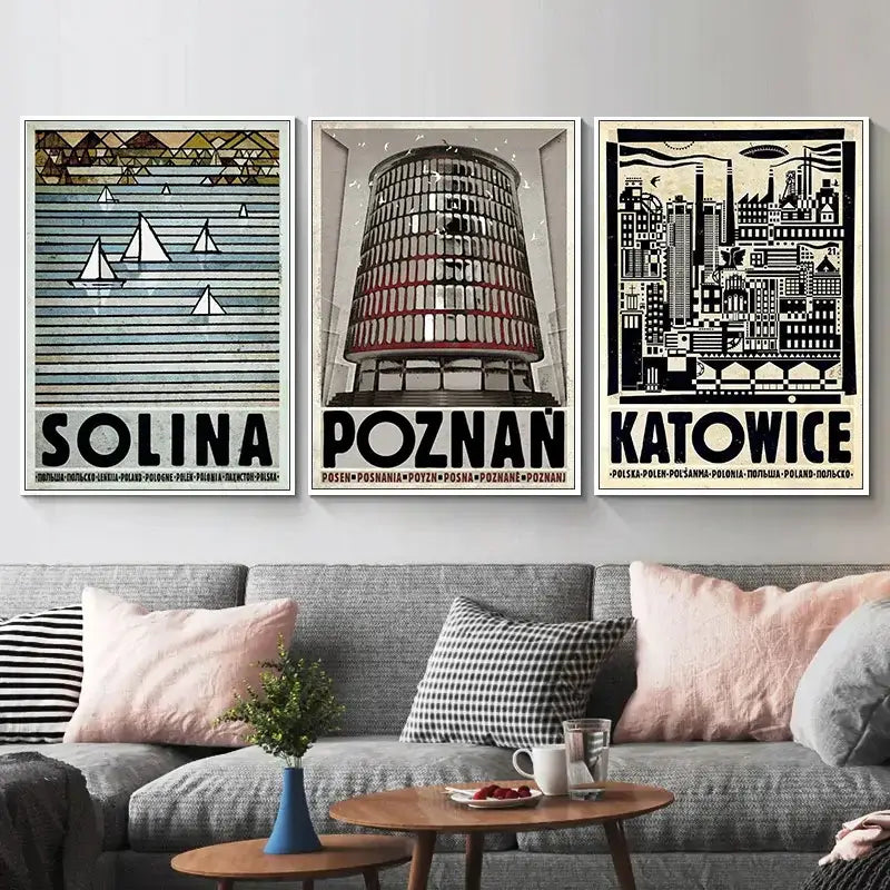 Three framed vintage-style poland city posters featuring solina poznan and katowice with bold typography by decorbites