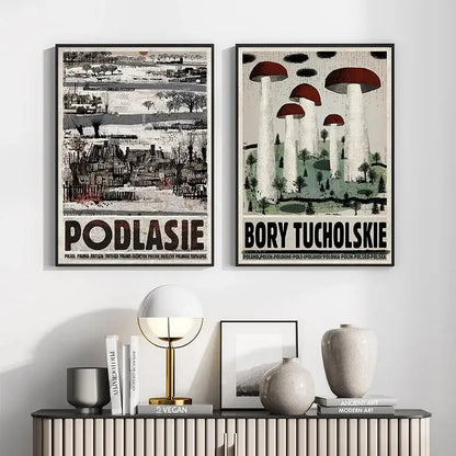Two framed vintage-style poland city posters depicting podlasie rural landscape and bory tucholskie mushrooms canvas prints