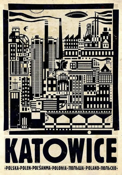 Black and white stylized vintage poland city poster of katowice canvas wall art by decorbites poland city posters