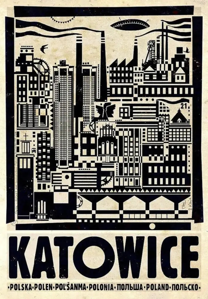 Decorbites vintage poland city posters canvas wall art featuring black and white stylized katowice city posters design