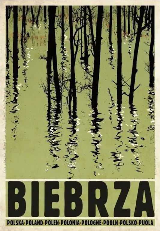 DecorBites™ vintage poland city posters canvas wall art with bold black lettering and stylized tree silhouettes on olive green