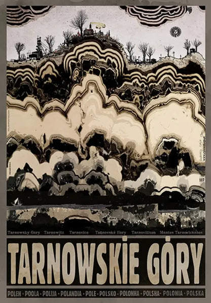 DecorBites™ vintage poland city posters canvas wall art featuring bold black cream waves with stylized trees and buildings