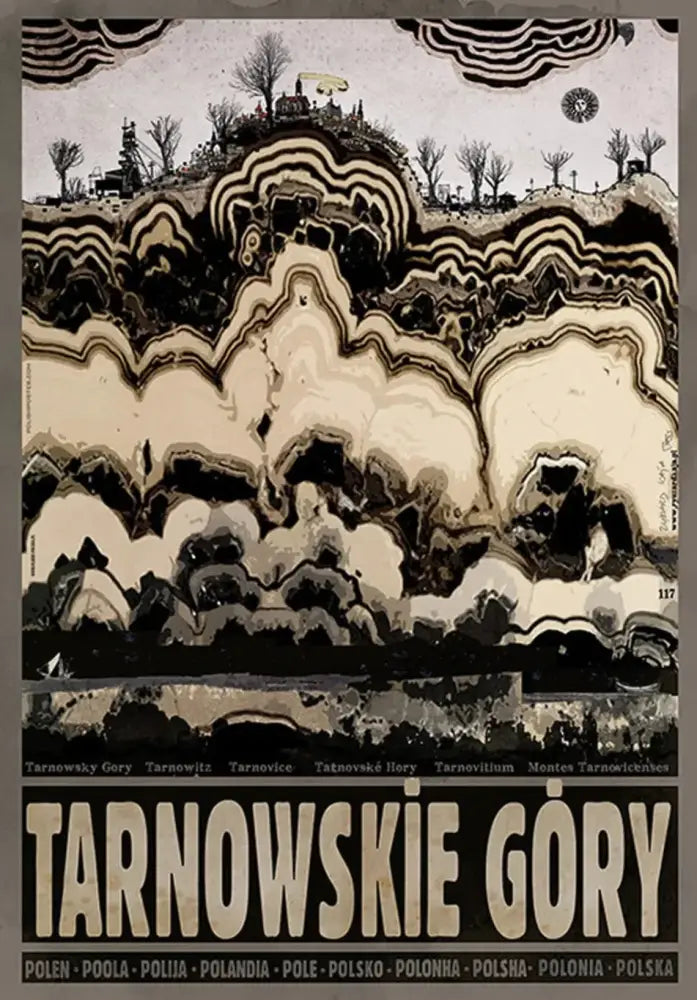 DecorBites™ vintage poland city posters canvas wall art featuring bold black cream waves with stylized trees and buildings