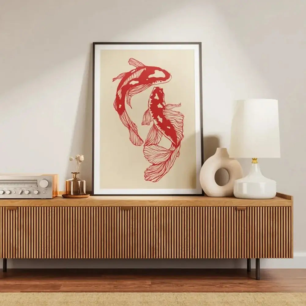 A framed vintage DecorBites™ canvas wall art featuring two stylized red koi fish in line art on an off-white background