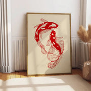 A framed vintage DecorBites™ canvas wall art featuring two red koi fish in a stylized line-art design on off-white background