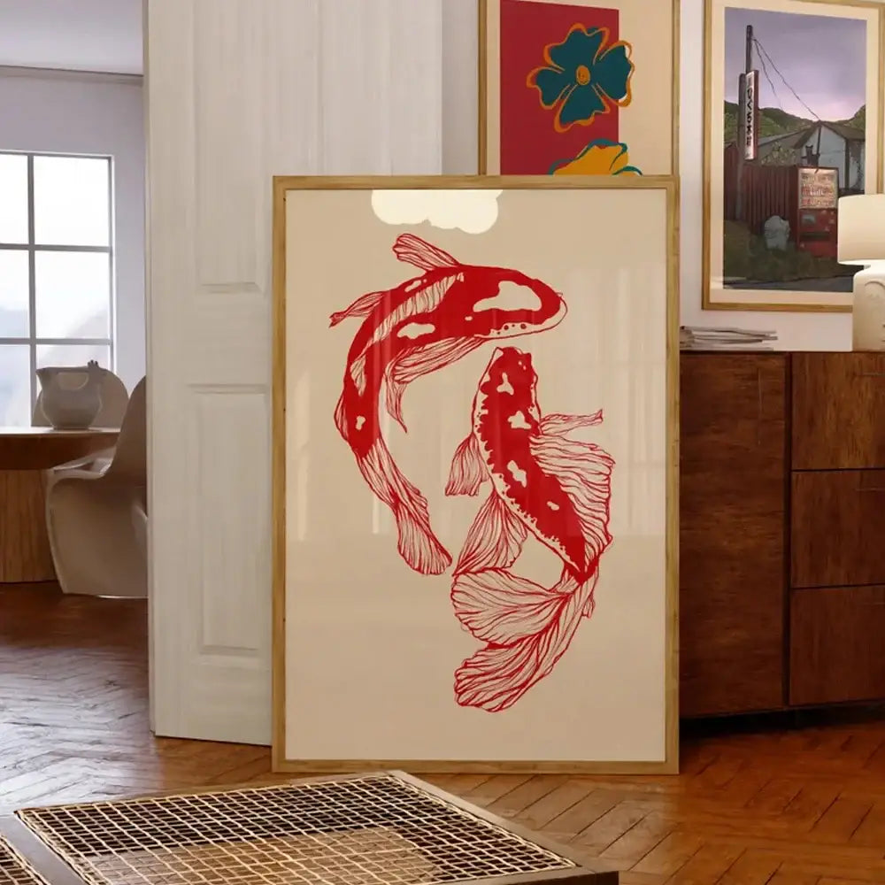 A framed DecorBites™ vintage canvas wall art featuring two red koi fish in a stylized flowing design on off-white background