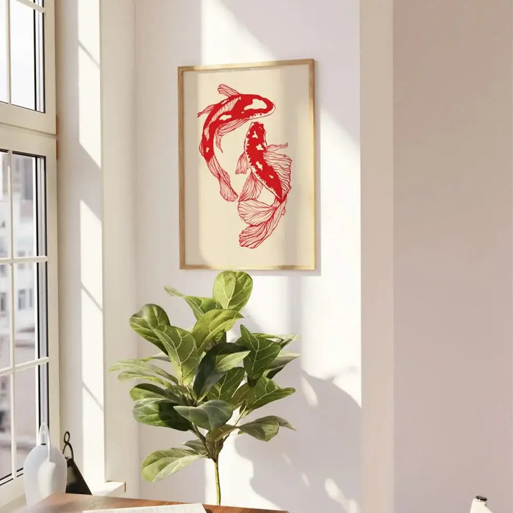 Framed DecorBites™ vintage red koi fish canvas wall art featuring minimalist red koi fish line art on off-white background