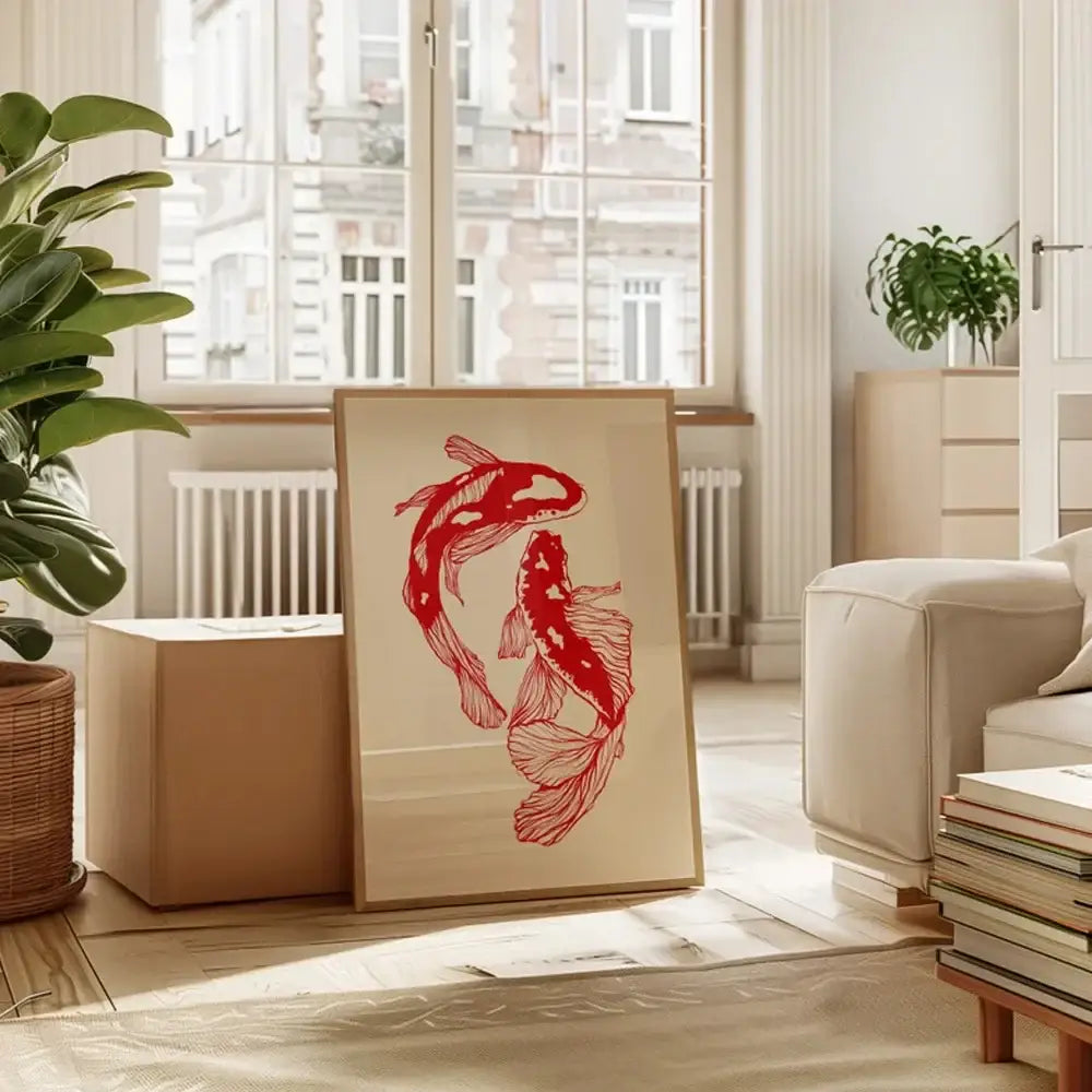 DecorBites™ vintage red koi fish canvas wall art featuring two minimalist red koi fish in a wooden frame on cream background