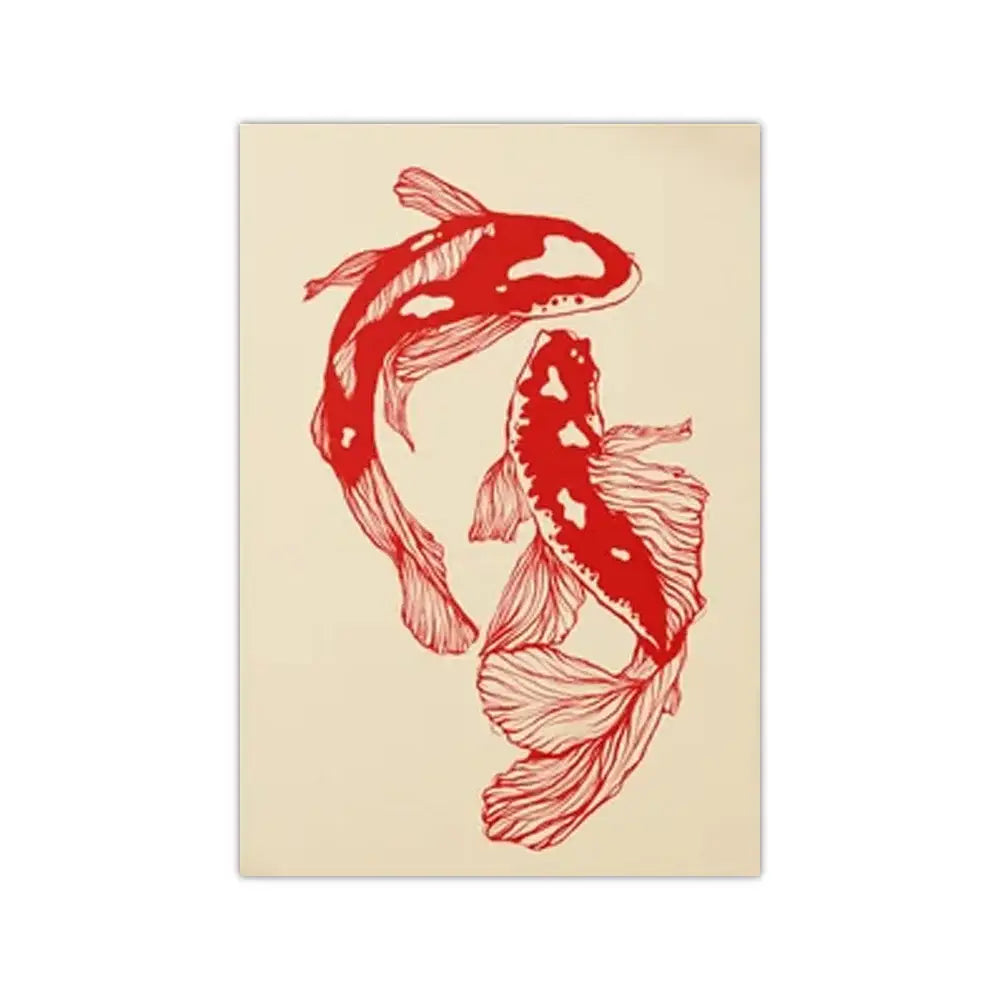Illustration of a red koi fish on beige canvas wall art from decorbites vintage red koi fish collection
