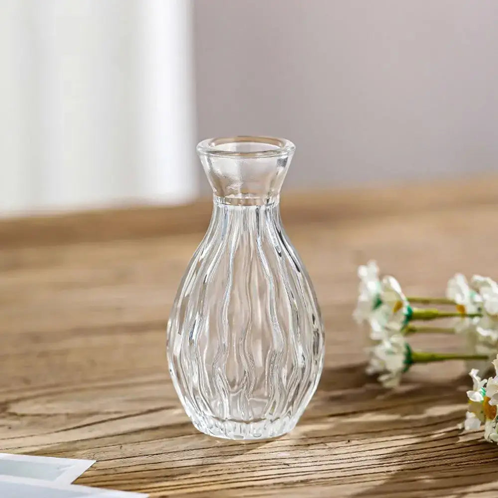 Clear glass vintage relief vase with vertical ribbed texture and narrow neck for hydroponic plants by DecorBites