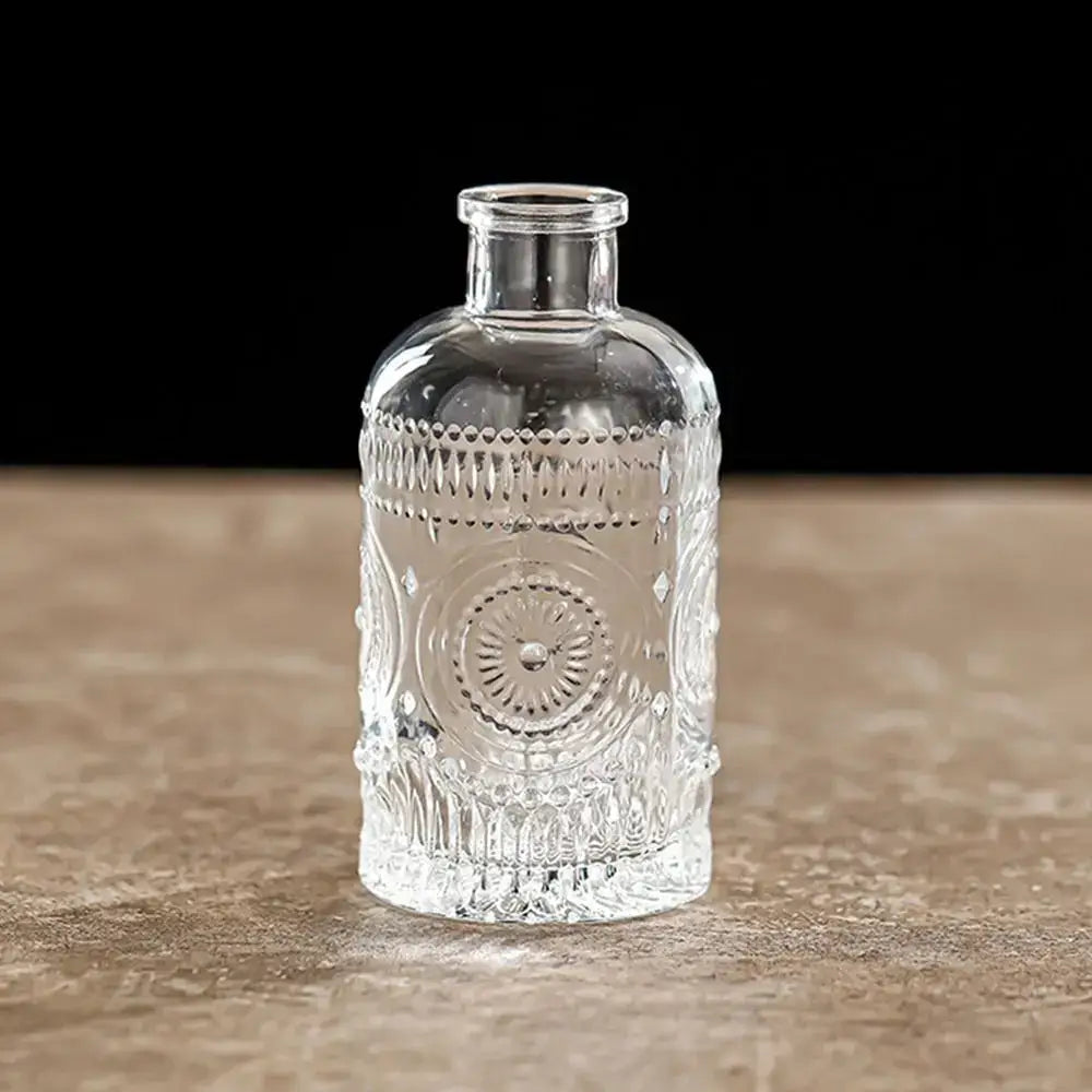 Clear glass decorbites™ vintage relief vase with intricate embossed patterns and short neck for hydroponic plants