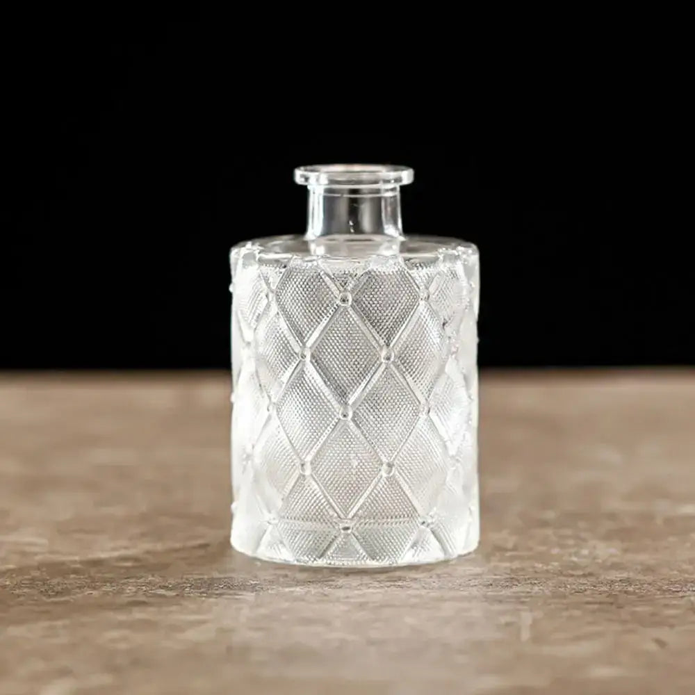 Clear glass vintage relief vase with diamond-patterned texture and short cylindrical neck for hydroponic plants