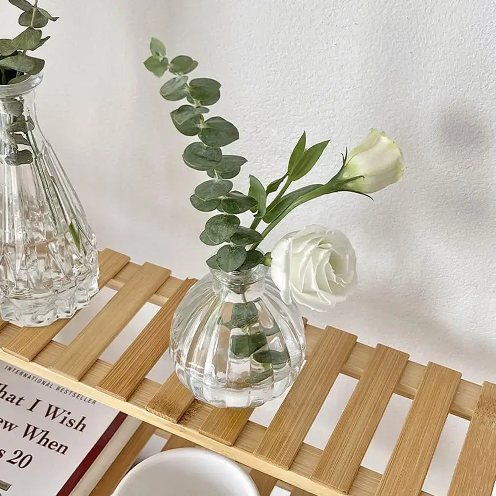 Clear faceted clear glass vintage relief vase holding a white rose and eucalyptus sprig for hydroponic plants