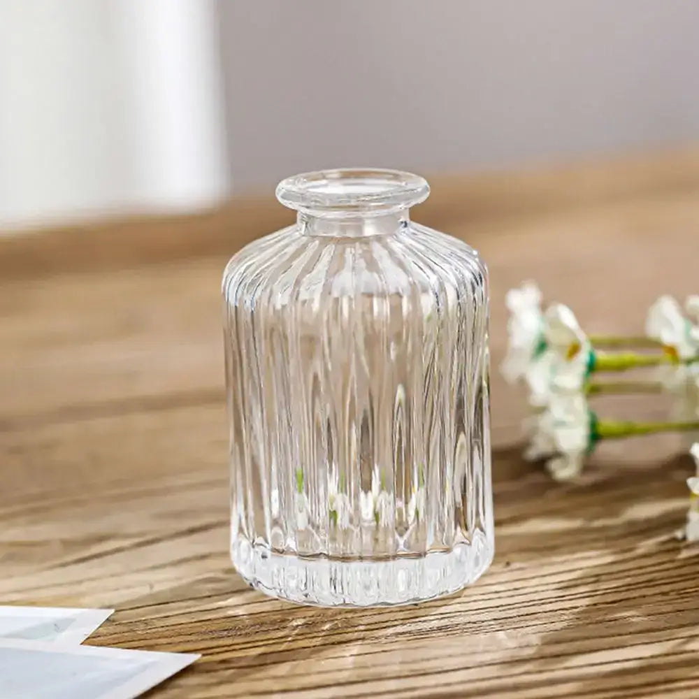 Clear glass vintage relief vase with vertical ribbed texture and rounded neck for hydroponic plants by DecorBites