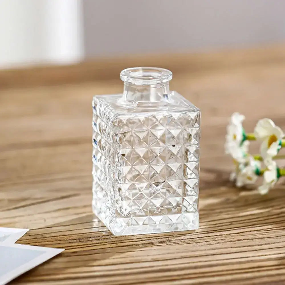 Clear glass vintage relief vase with faceted diamond-cut design and short cylindrical neck for hydroponic plants