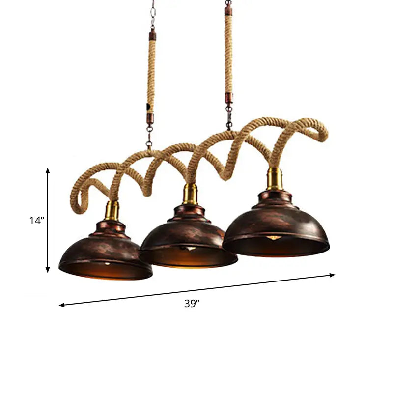 DecorBites vintage rust finish 3-light island pendant with copper shades and natural rope suspension cords
