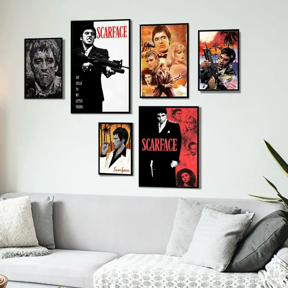 Set of five framed scarface vintage posters featuring bold red and black designs for stylish room decor and movie scarface fans