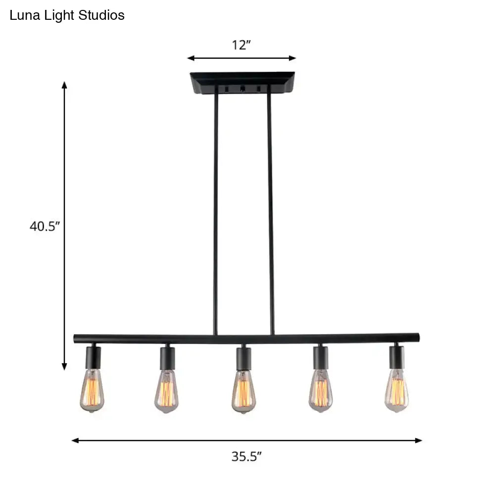 Black finish linear island lamp by DecorBites vintage style with five exposed Edison bulbs for dining room lighting