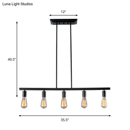 Black finish linear island lamp by DecorBites vintage style with five exposed Edison bulbs for dining room lighting
