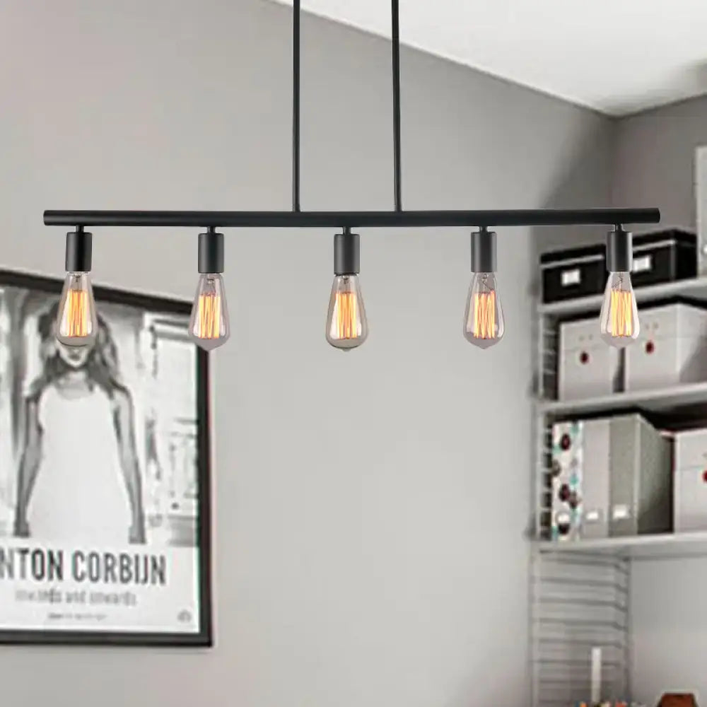 DecorBites vintage style black finish linear island lamp with five exposed filament bulbs for dining room lighting