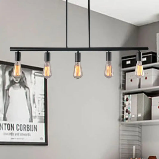 DecorBites vintage style black finish linear island lamp with five exposed filament bulbs for dining room lighting