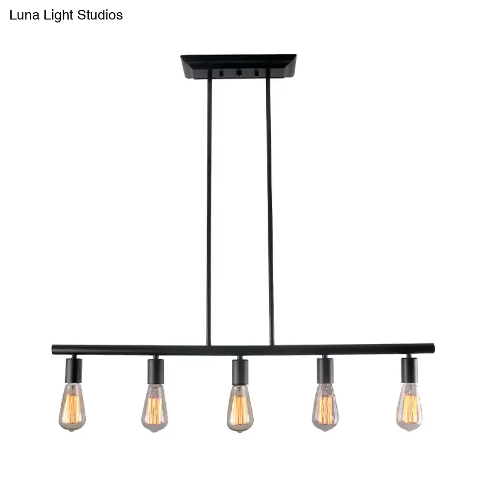 Decorbites vintage style 5-head black finish linear island lamp with five exposed filament bulbs for dining room