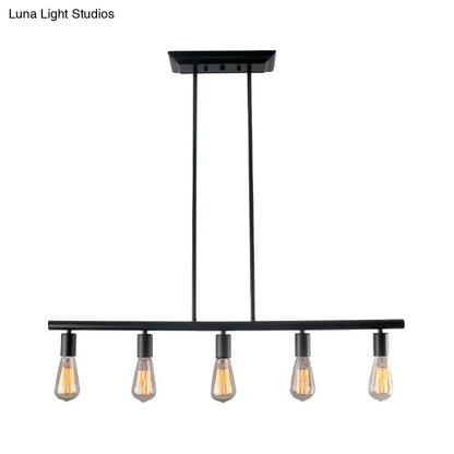 Decorbites vintage style 5-head black finish linear island lamp with five exposed filament bulbs for dining room