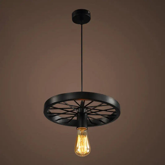 Black metal pendant light with bicycle wheel design and exposed filament bulb featuring vintage style chain cord length