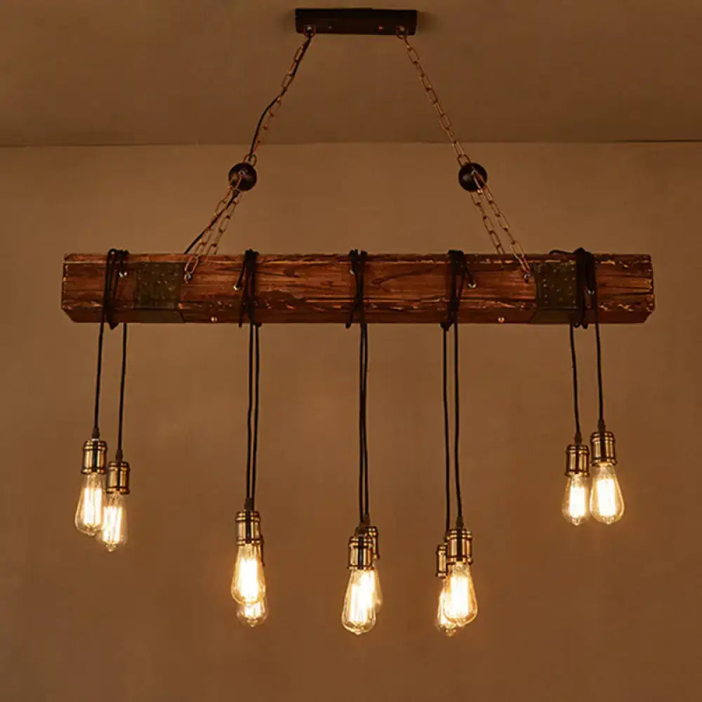 Rustic wooden beam pendant light with multiple exposed filament bulbs hanging from chains with adjustable chain cord length vintage style metallic finish for restaurant island lighting