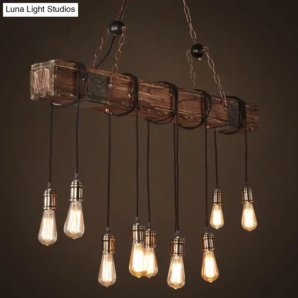 Industrial-style pendant light with vintage style edison bulbs black metal chain cord length and rustic wooden beam