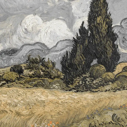 DecorBites™ vintage summer landscape art print featuring textured cypress trees and swirling gray sky on canvas