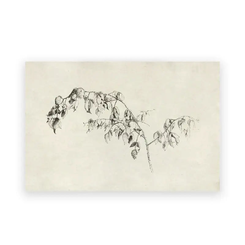 A delicate black ink sketch of a leafy branch on aged paper featured in the decorbites vintage summer landscape canvas print