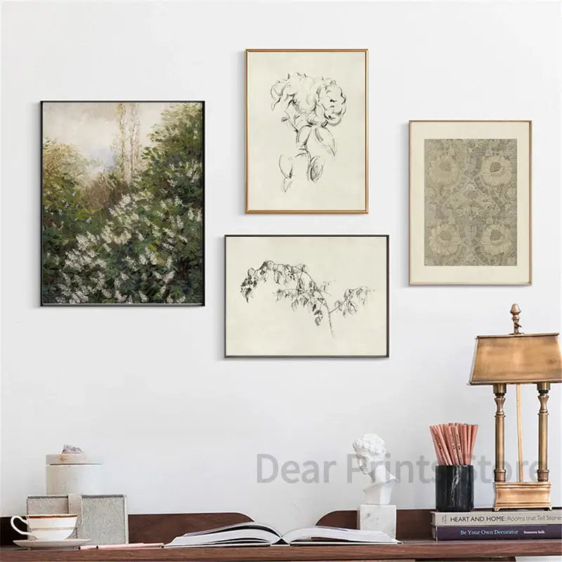 Four framed decorbites™ vintage summer landscape canvas prints featuring green oil painting and black-and-white botanical sketches
