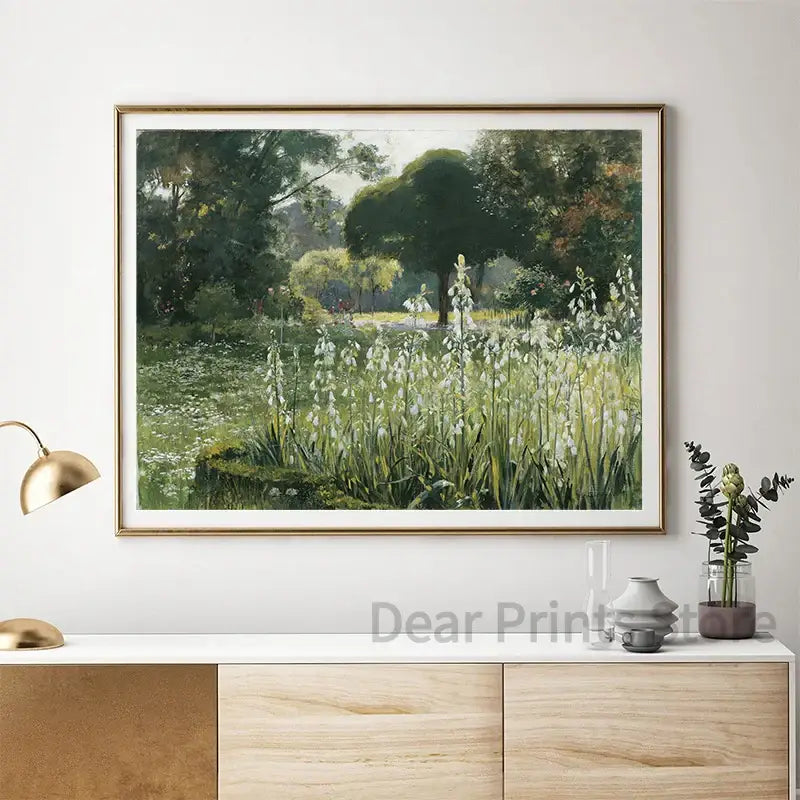 DecorBites™ vintage summer landscape oil painting of lush green trees and white flowers in gold-toned frame
