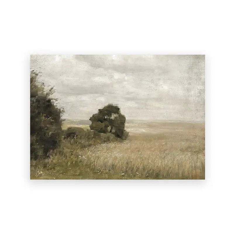 DecorBites™ vintage summer landscape canvas print featuring a muted oil painting of a solitary tree in a golden field