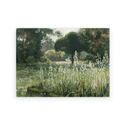 DecorBites™ vintage summer landscape canvas print of a serene garden with tall white flowers and lush foliage under sunlight