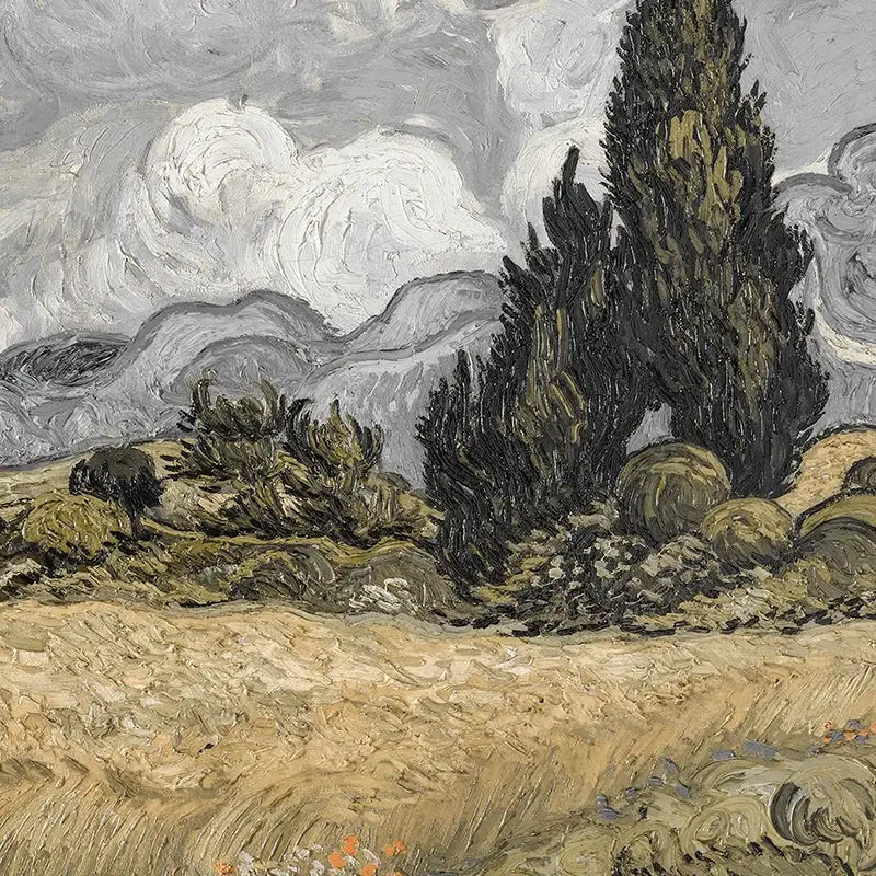 DecorBites™ vintage summer landscape canvas print featuring textured oil painting of dark cypress trees and swirling sky