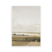 DecorBites™ vintage summer landscape oil painting print featuring soft green tones and a serene beige-toned river scene